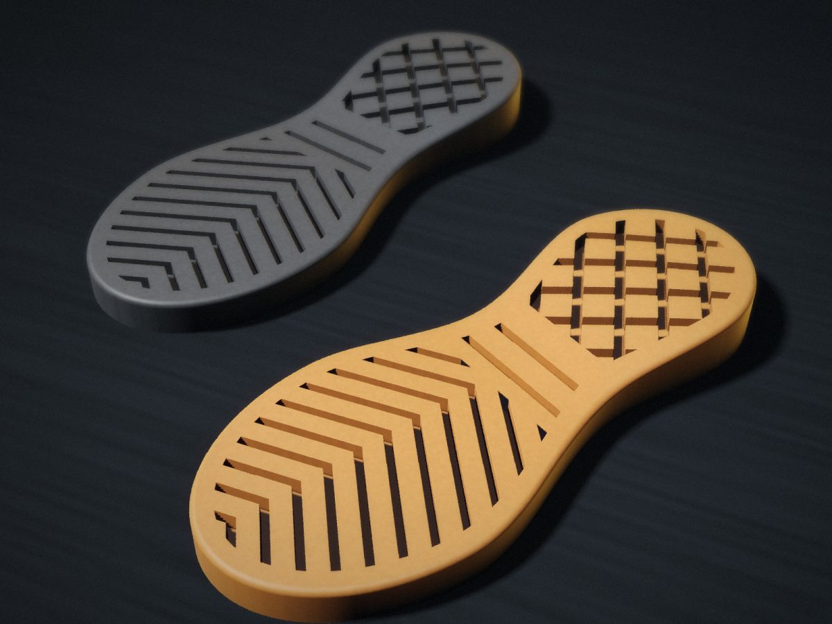 Finished rubber and PU shoe soles with tread patterns